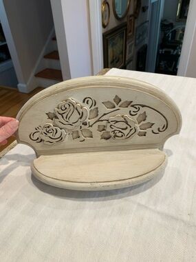 Vintage Wooden shabby chic or farmhouse style wall shelf with rose carvings.